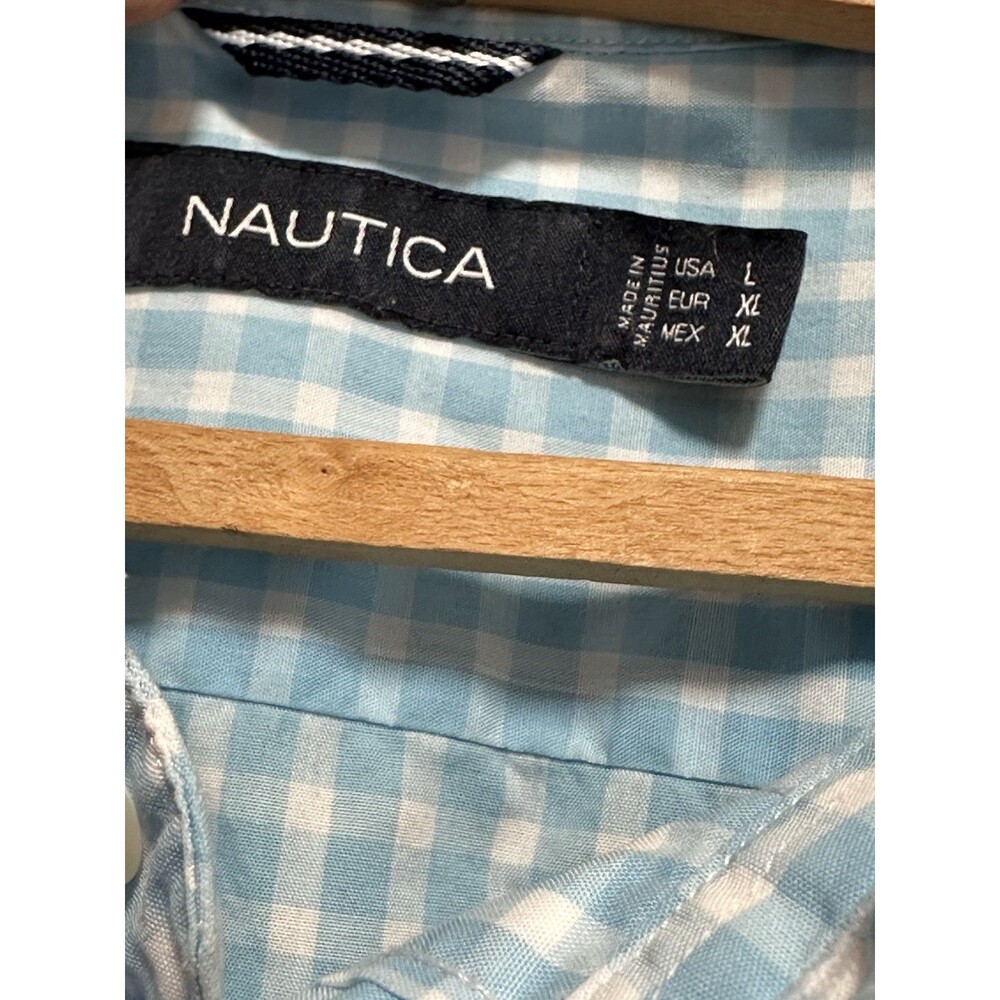 Nautica Classic Fit Button Down Shirt Light Blue White Check Mens L 100% Cotton - Picture 3 of 9